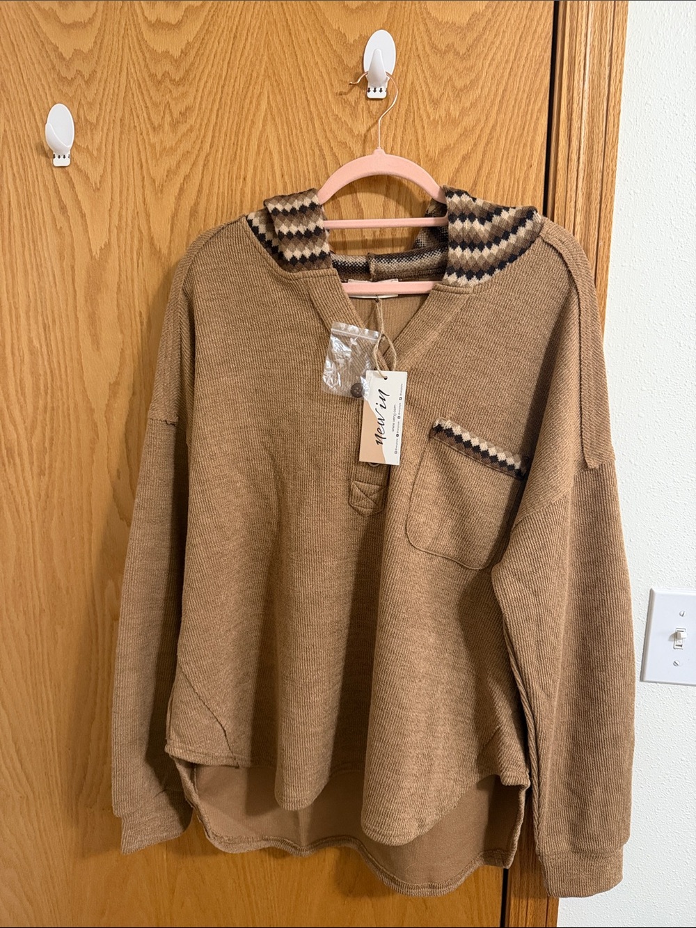 Women's Mocha Hooded Sweater with Patterned Trim Hood & Front Pocket